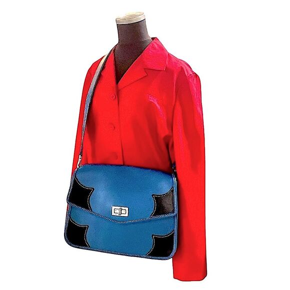 Vintage Western Blue and Black Messenger flap shoulder Bag with Matching Wallet - Picture 9 of 9